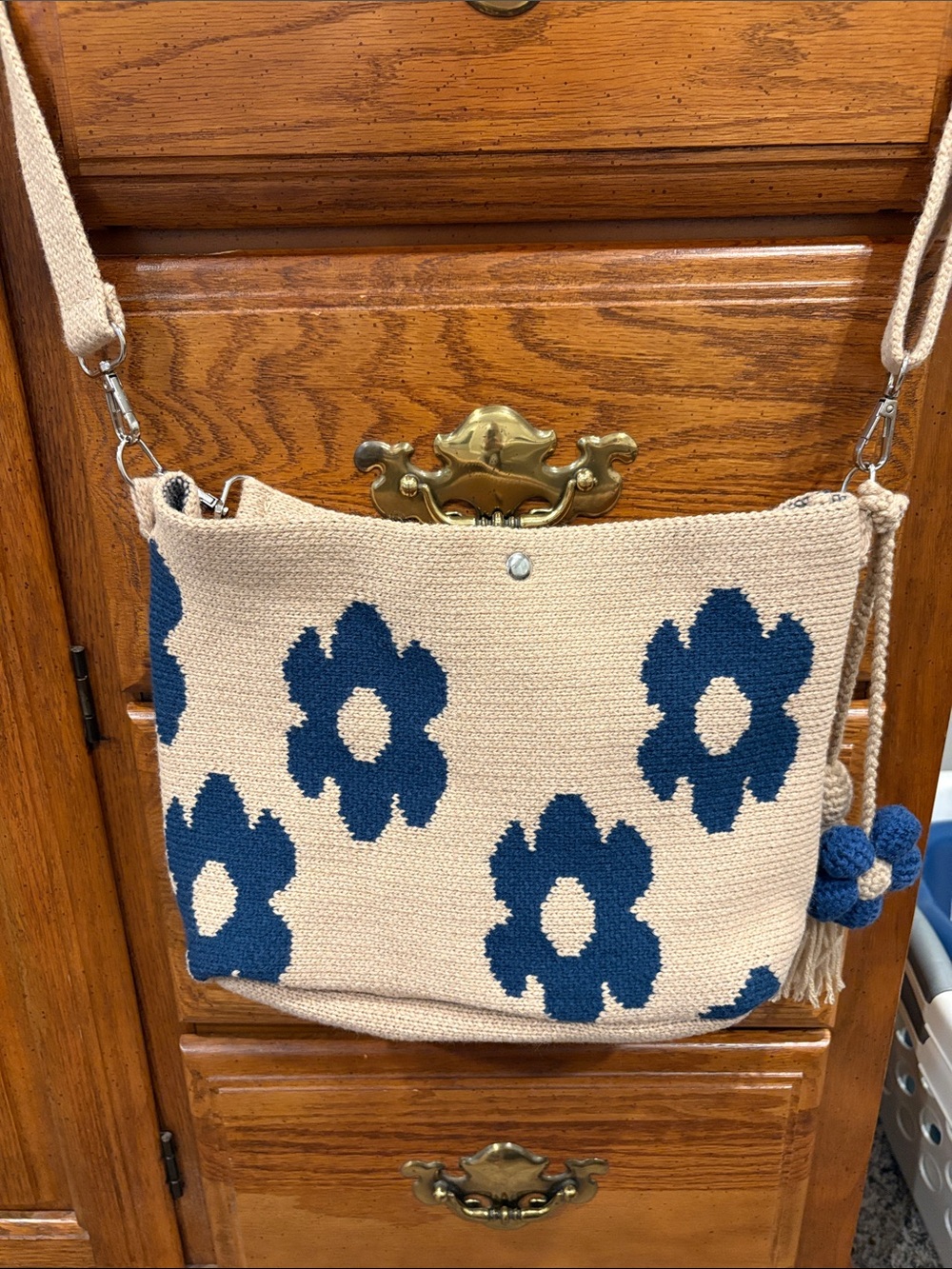 Beige and Navy Floral Crossbody Bag - Womens Shoulder Bag